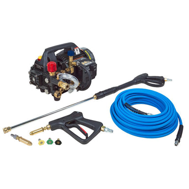 Pressure washer with hose and nozzles on a white background