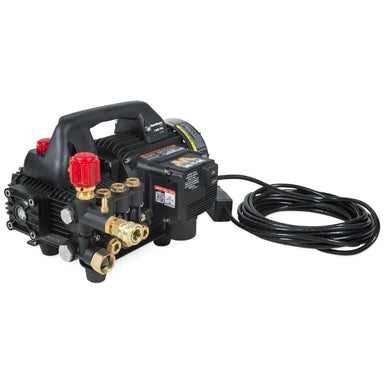 Black pressure washer pump with brass nozzles and coiled hose on a white background