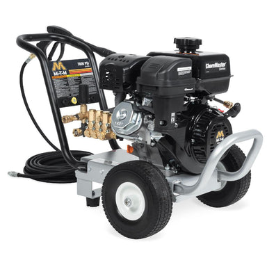Pressure washer with engine and hose on a white background
