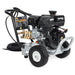 Pressure washer with engine and hose on a white background