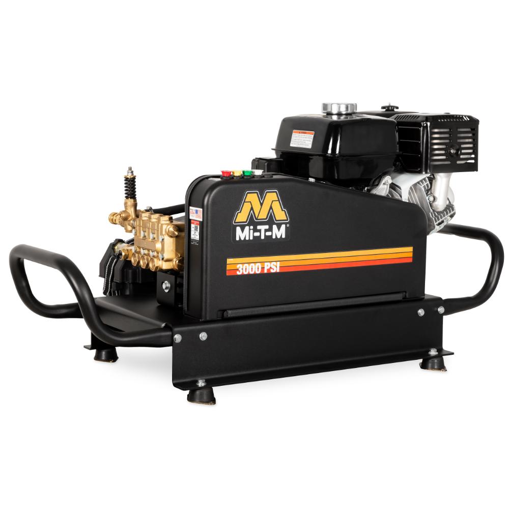 Black pressure washer with visible branding on a white background
