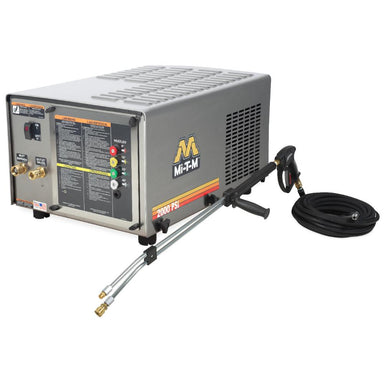 Mi-T-M pressure washer with hose and nozzle on a white background