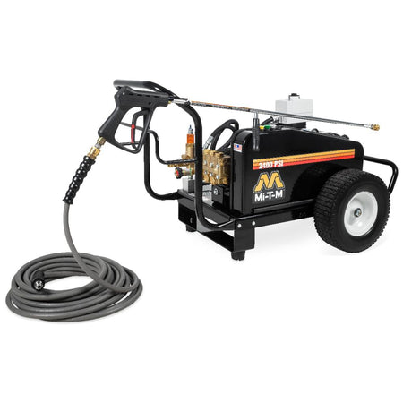 Mi-T-M-CW-2405-4ME3-2 pressure washer with hose on a white background