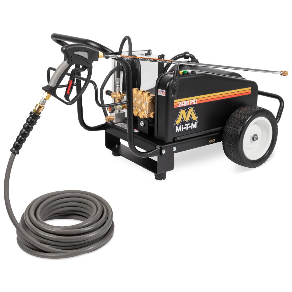 Pressure washer with hose and nozzle on a white background