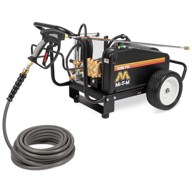 Pressure washer with hose and nozzle on a white background