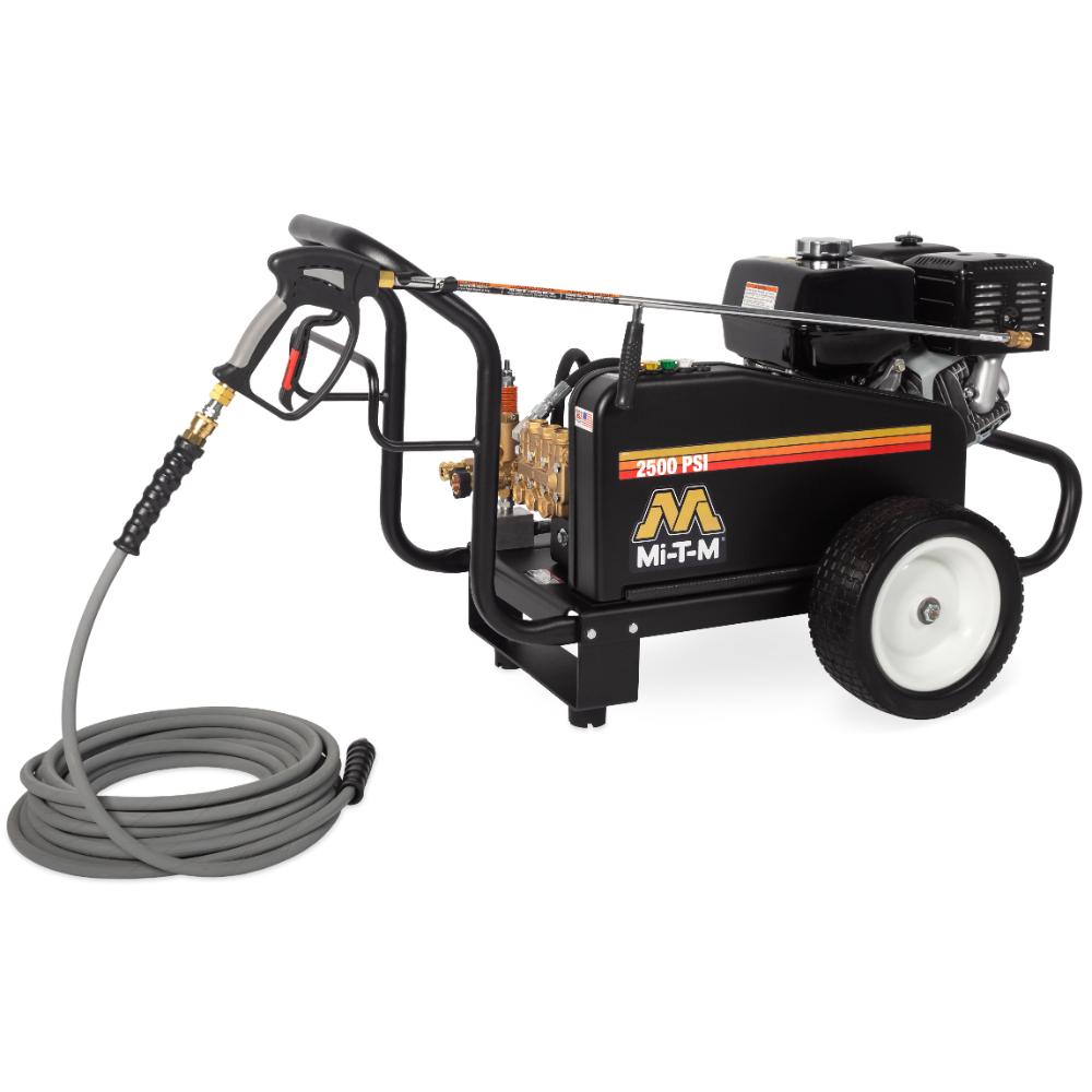 Mi-T-M pressure washer with hose on a white background