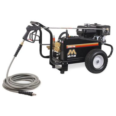 MI-T-M pressure washer with hose on a white background