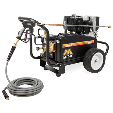 MI-T-M pressure washer with hose on a white background