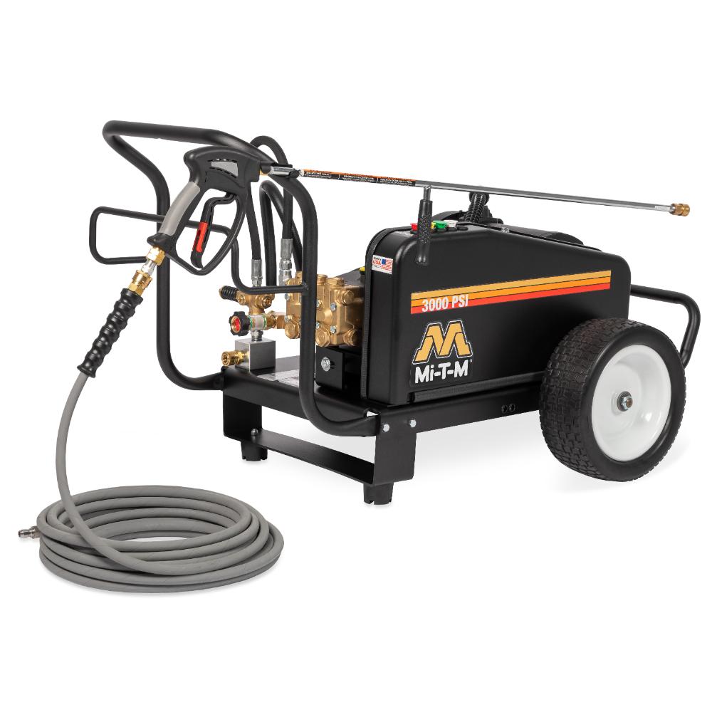 MI-T-M pressure washer with hose and nozzle on a white background