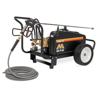 MI-T-M pressure washer with hose and nozzle on a white background