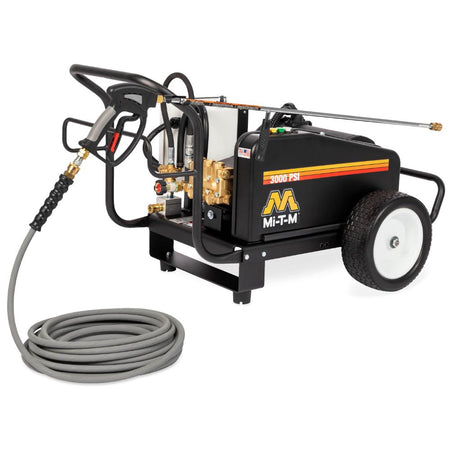 Mi-T-M-CW-3004-5ME1 pressure washer with hose and nozzle on a white background