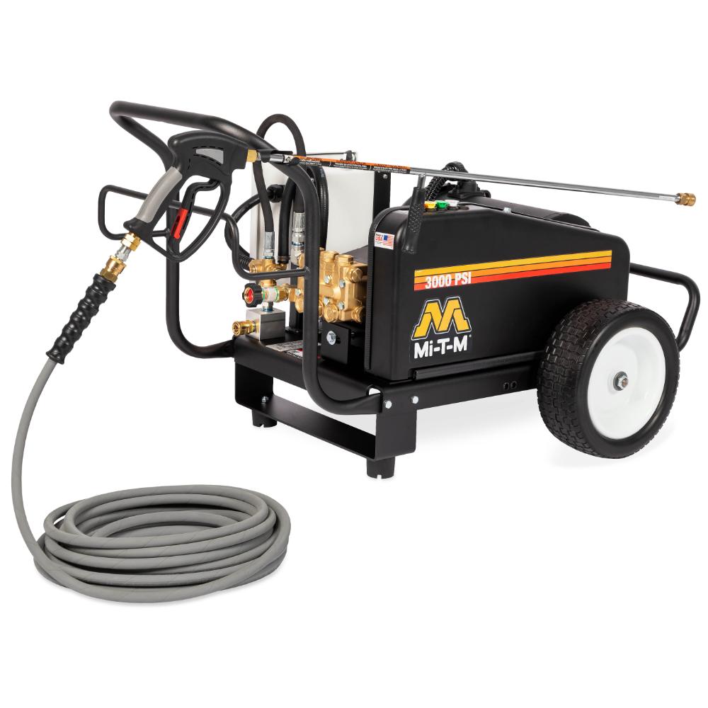 MI-T-M pressure washer with hose and nozzle on a white background
