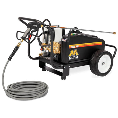 MI-T-M pressure washer with hose and nozzle on a white background