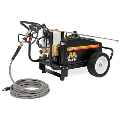 MI-T-M pressure washer with hose on a white background
