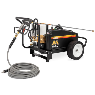 Mi-T-M pressure washer with hose and nozzle on a white background