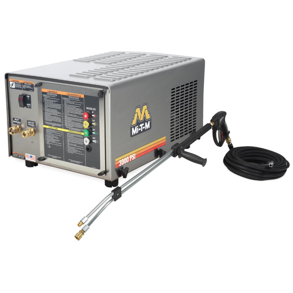 Mi-T-M pressure washer with hose on a white background