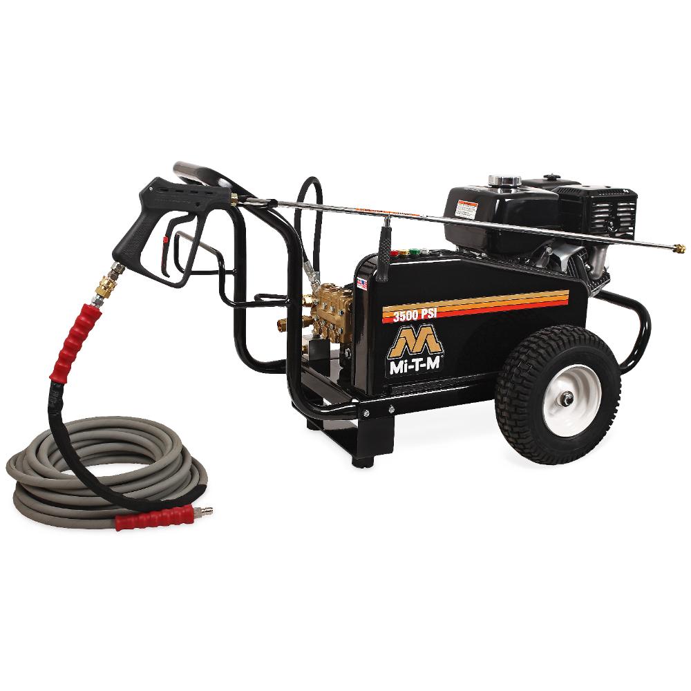 MI-T-M pressure washer with hose on a white background