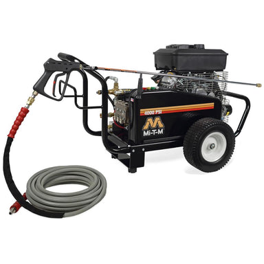 MI-T-M pressure washer with hose on a white background