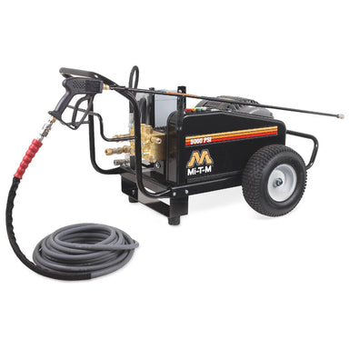 MI-T-M pressure washer with hose on a white background