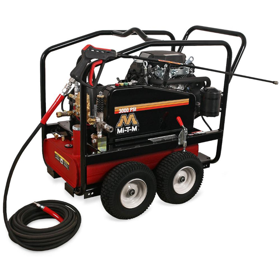 Mi-T-M-CWC-3008-4MGH Red and black pressure washer with hose on a white background