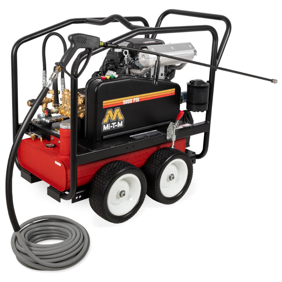 Mi-T-M-CWC-5004-4MAH Red and black pressure washer with hose on a white background