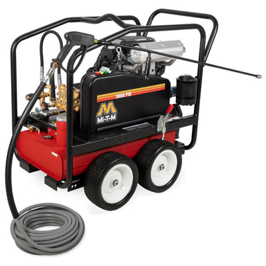 Red and black pressure washer with hose on a white background