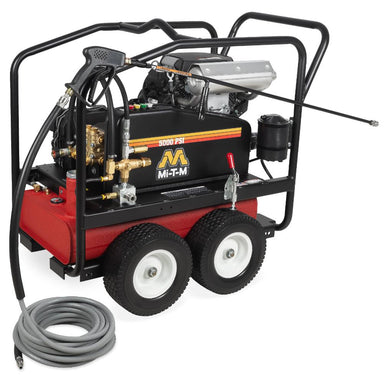 Red and black pressure washer with hose on a white background