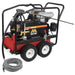 Red and black pressure washer with hose on a white background