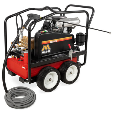 Red and black pressure washer with hose on a white background