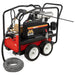 Red and black pressure washer with hose on a white background
