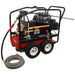 Red and black pressure washer with hose on a white background