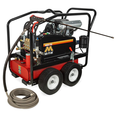 Red and black pressure washer with hose on a white background