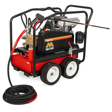 Red and black pressure washer with hose on a white background