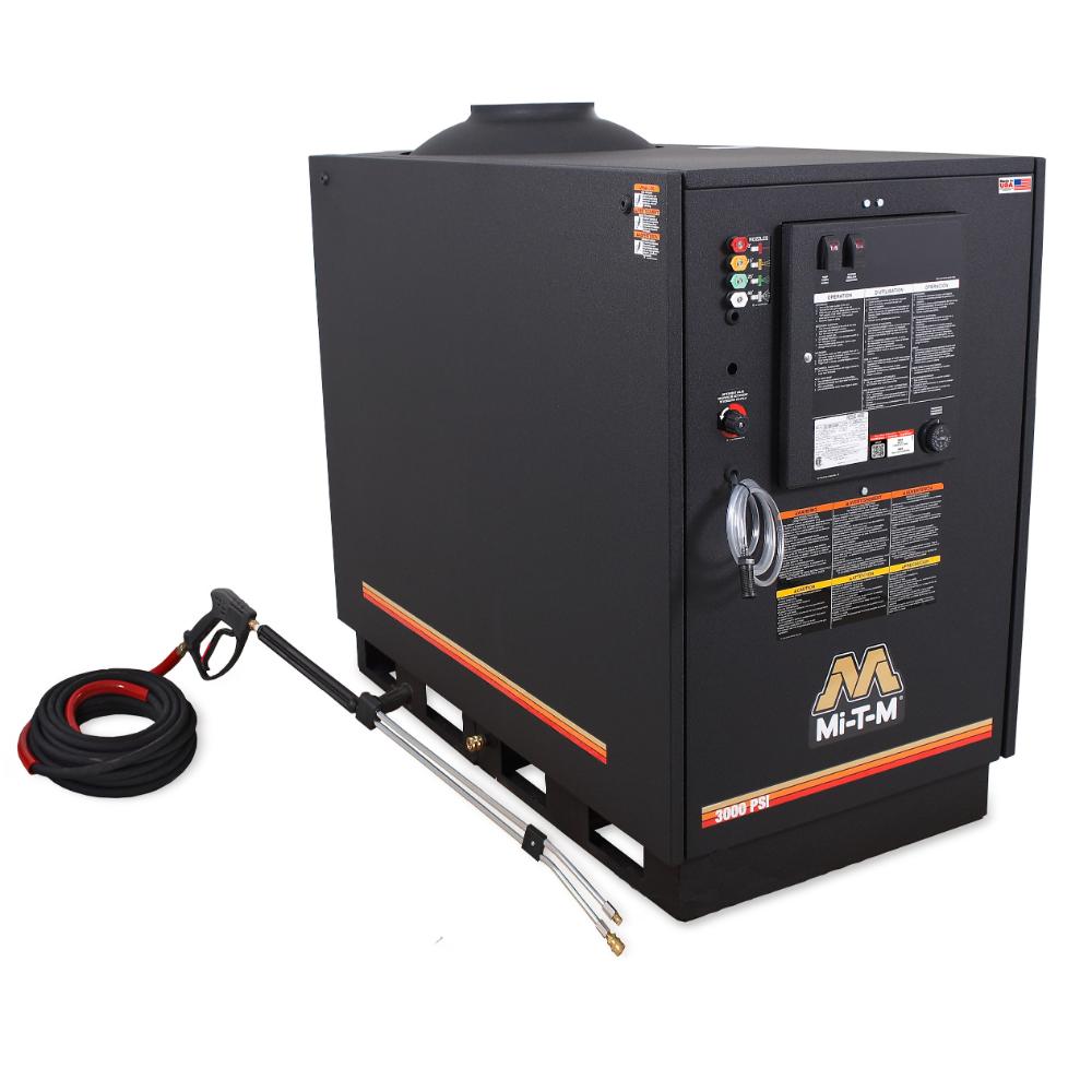 Black industrial machine with hoses and nozzles on a white background, featuring the Mi-T-M brand.