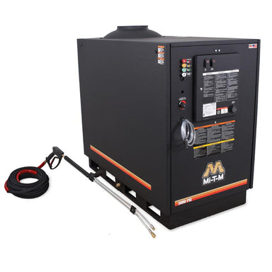 Black pressure washer with hose and nozzles on a white background