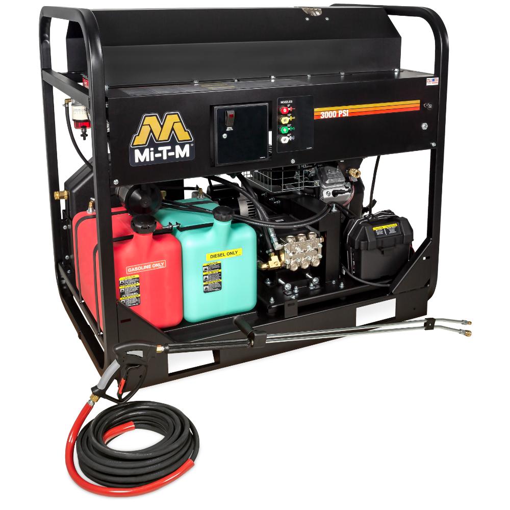 Mi-T-M pressure washer with fuel tanks and hoses on a white background