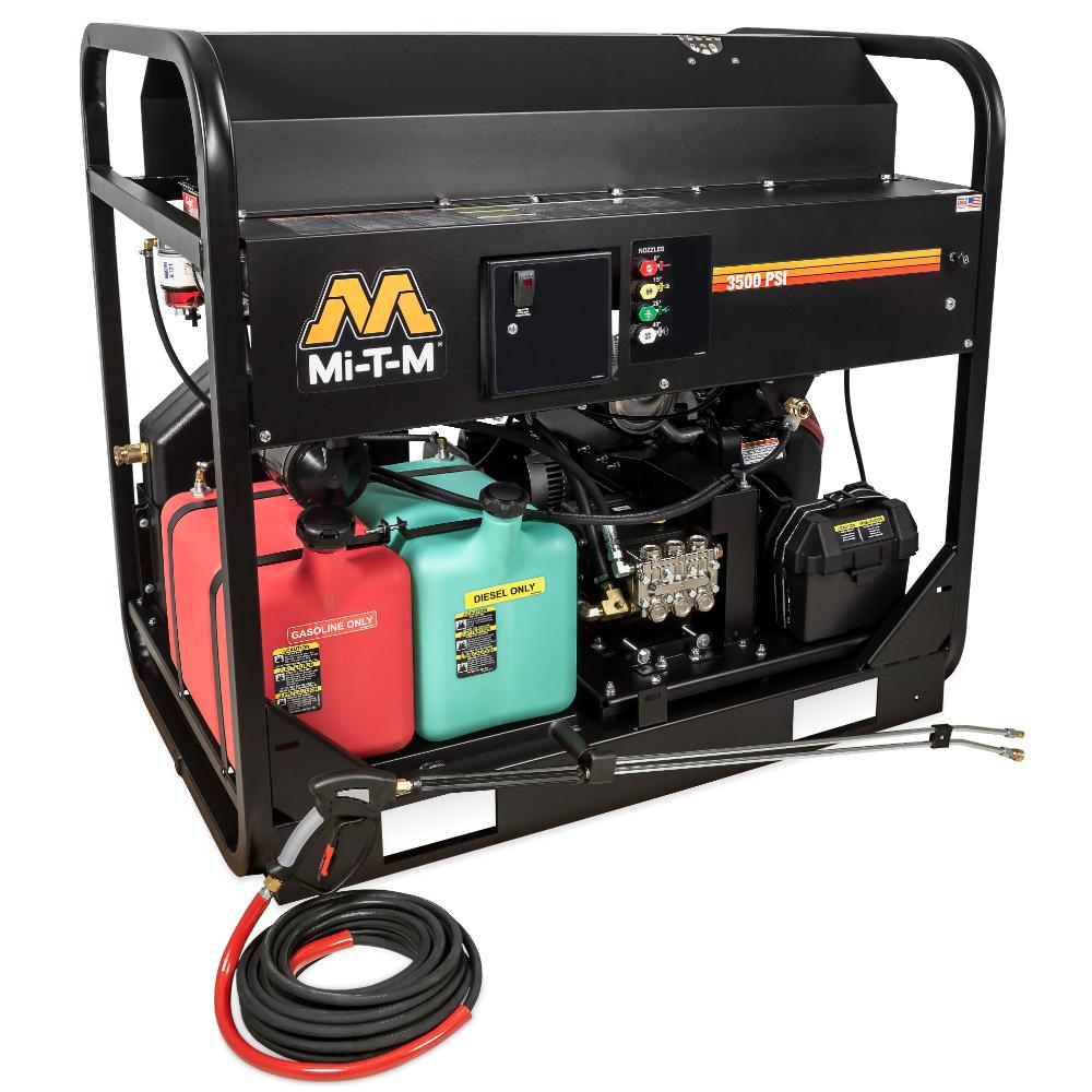 Mi-T-M-HS-3505-1MGK generator with fuel tanks and hoses on a white background