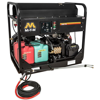 Mi-T-M portable generator with fuel tanks and hoses on a white background