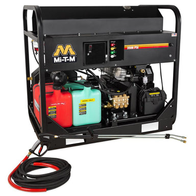 Mi-T-M pressure washer with fuel tanks and hoses on a white background