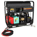 Mi-T-M pressure washer with fuel tanks and hoses on a white background
