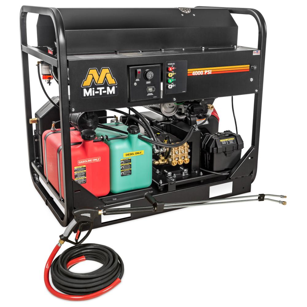 MI-T-M pressure washer with fuel tanks and hose on a white background