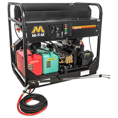 MI-T-M pressure washer with fuel tanks and hose on a white background