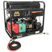 MI-T-M pressure washer with fuel tanks and hose on a white background