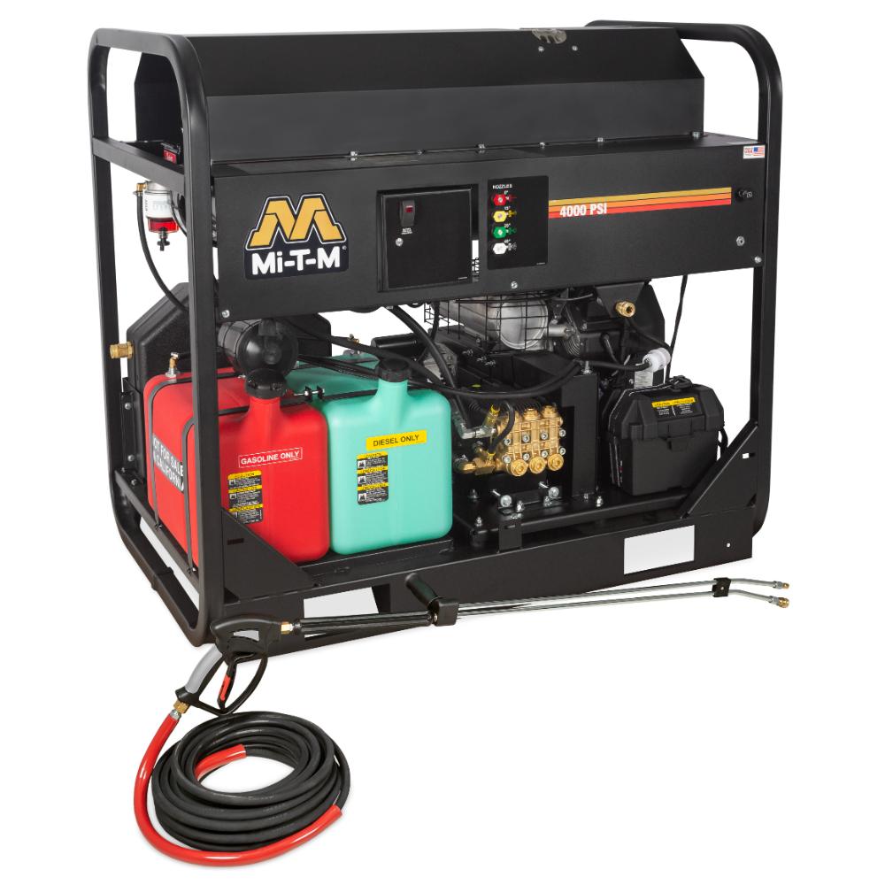 Mi-T-M-HS-4004-1MAK generator with fuel tanks and hose on a white background