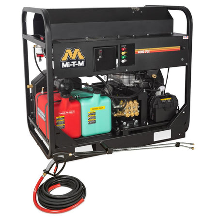 Mi-T-M-HS-4004-1MAK generator with fuel tanks and hose on a white background
