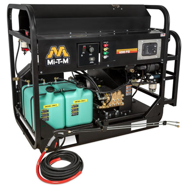 Mi-T-M pressure washer with hoses on a white background