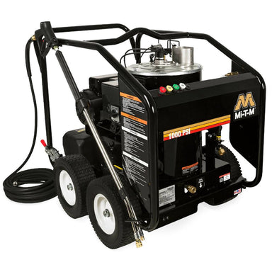 Black pressure washer with visible branding on a white background