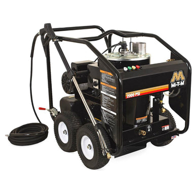 Black pressure washer with wheels and hose on a white background