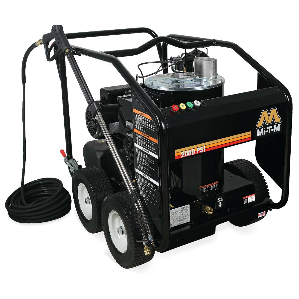 Black pressure washer with wheels and hose on a white background