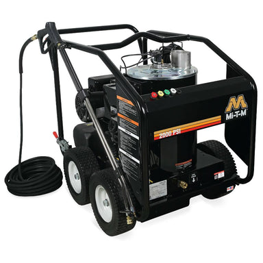 Black pressure washer with wheels and hose on a white background
